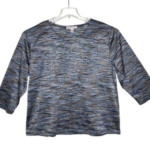 JM Collection 3/4 Sleeve Abstract Shimmer Blue Green Top Blouse Sz 1X Round Neck